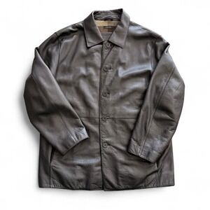 Black‎ Genuine Leather Button-Up Jacket Plaid Lined Coat Size XL